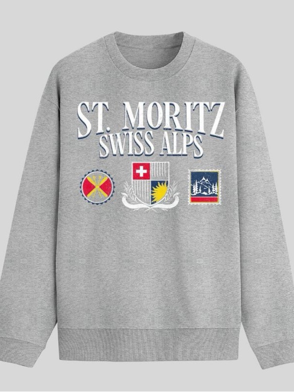 St. Moritz Swiss Alps Grey Graphic Crewneck Sweatshirt oversized